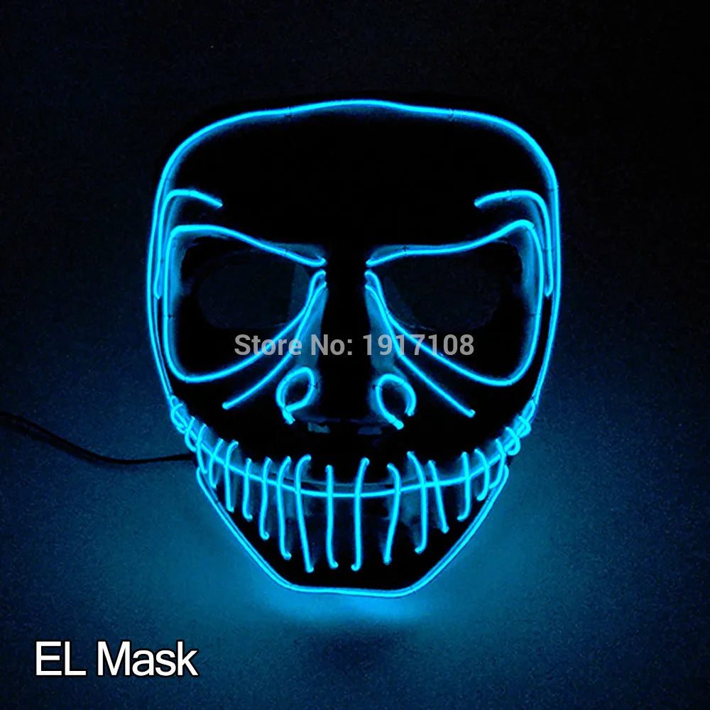 Glowing blue EL wire mask with a stylized skull design, featuring hollow eyes and mouth outlined by bright lines against a dark background.