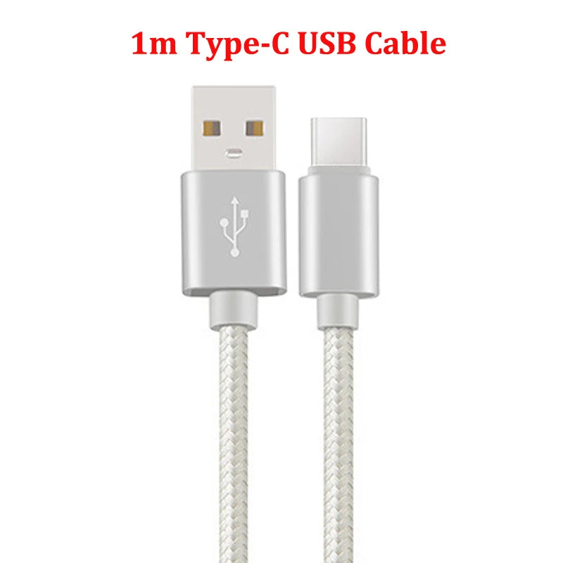 Silver braided 1m USB Type-C cable with USB-A connector.
