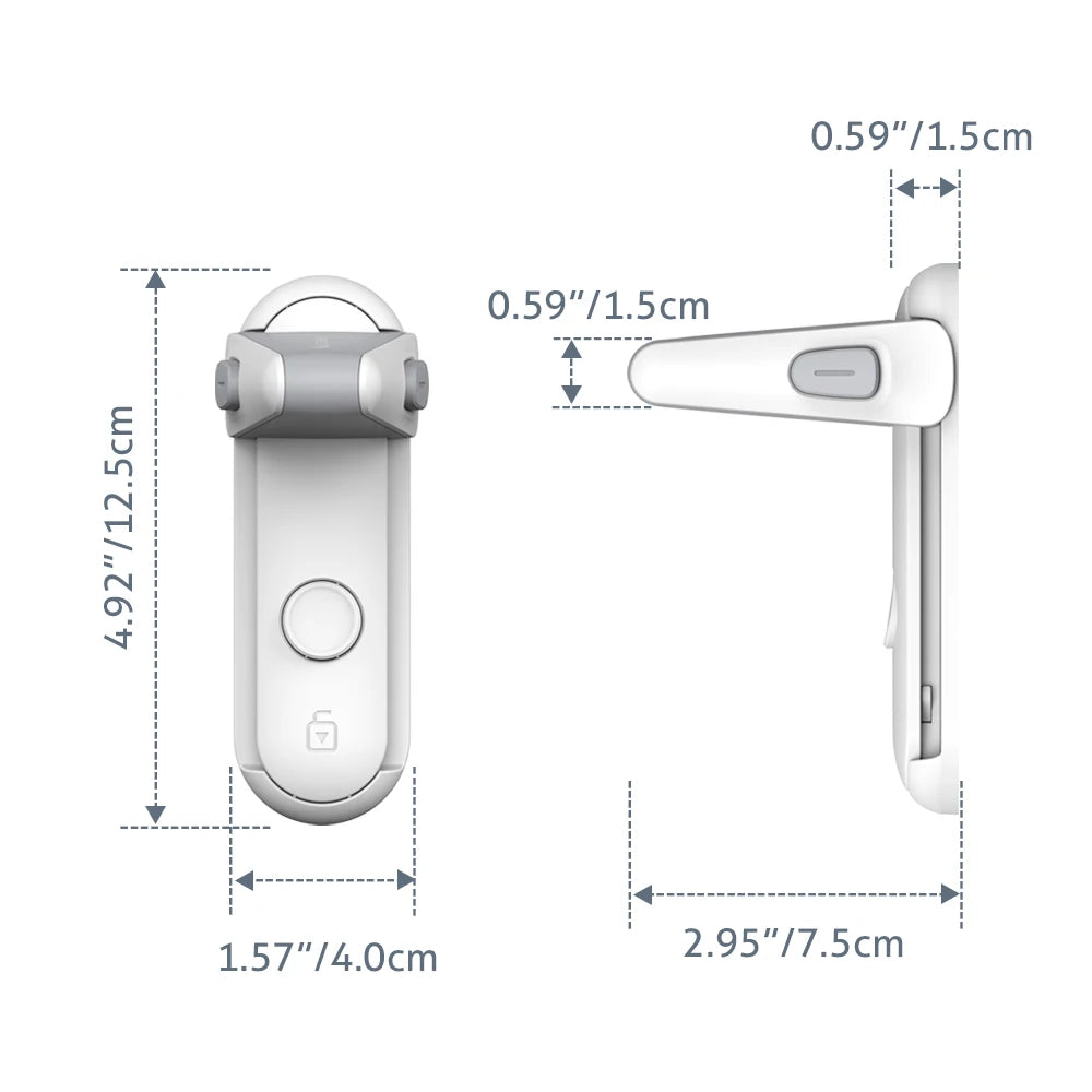 Side and front views of a white locking device with dimensions: 4.92" x 1.57" (front) and 2.95" x 0.59" (side). Features a circular button and locking indicator.