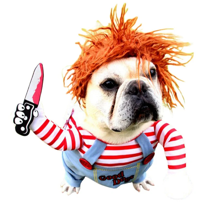 Bulldog dressed in a costume with red striped shirt, overalls, and an orange wig, holding a fake knife. The outfit humorously mimics a fictional horror character's appearance.