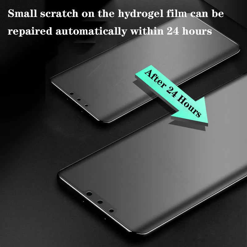 Smartphone with a hydrogel screen protector showing before and after scratch repair within 24 hours. Text highlights the self-repair feature of the film.