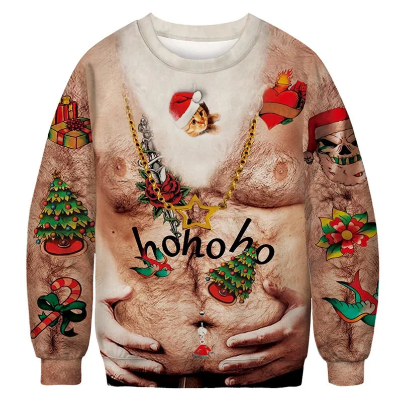 Novelty Christmas sweater with a hairy chest design, festive tattoos, and "ho ho ho" text. Decorated with Santa hats, trees, skull, holly, gifts, candy canes, and a star necklace.