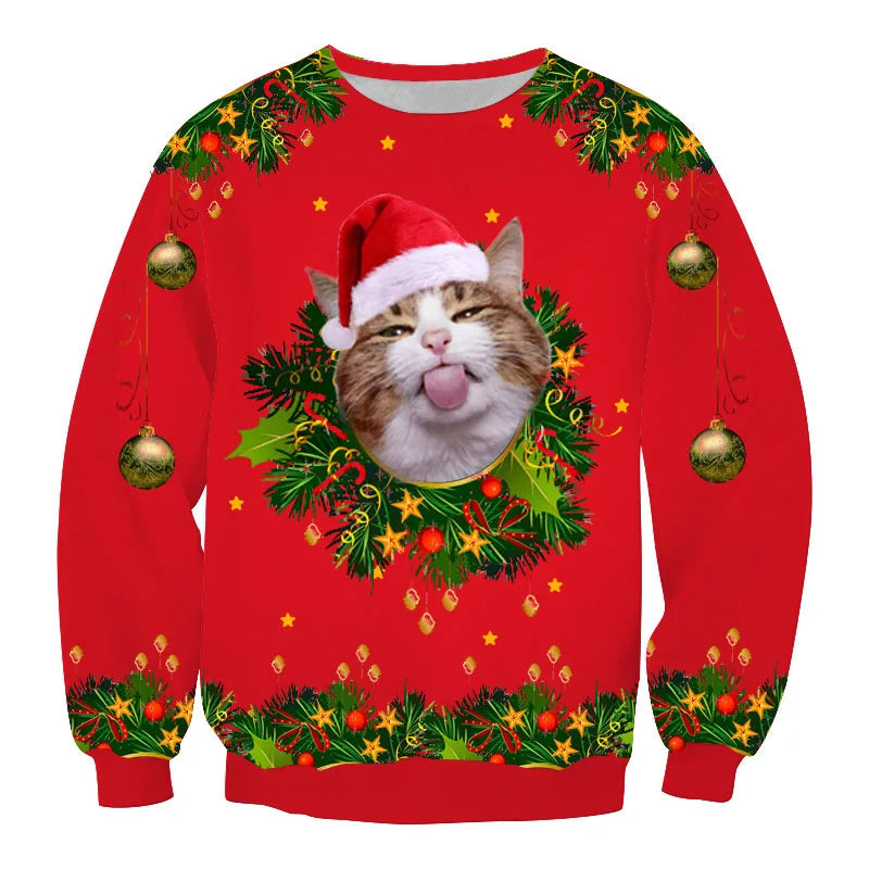 Red Christmas sweater featuring a cat in a Santa hat surrounded by a wreath. The design includes ornaments, stars, and holly on the sleeves and hem.