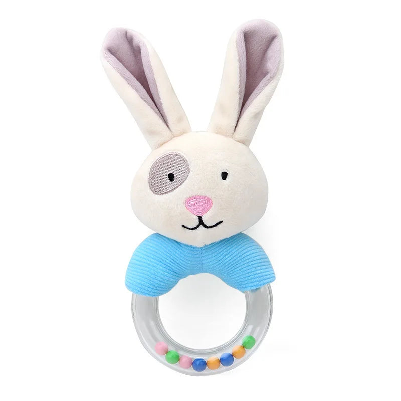 Soft plush bunny rattle with a blue collar and transparent ring filled with colorful beads. The bunny features a pink nose, embroidered patch eye, and long ears.