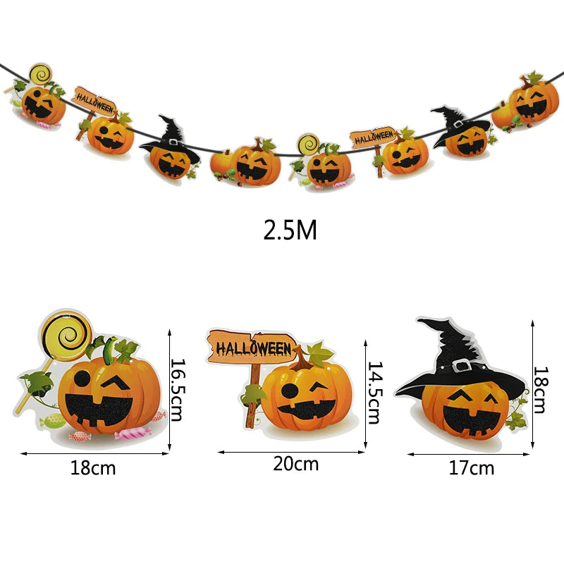 Halloween-themed garland featuring smiling jack-o'-lanterns with various accessories, like witch hats and Halloween signs. Garland length is 2.5m. Pumpkins below are shown with dimensions: 18x16.5cm with candy, 20x14.5cm with a sign, and 17x18cm with a hat.