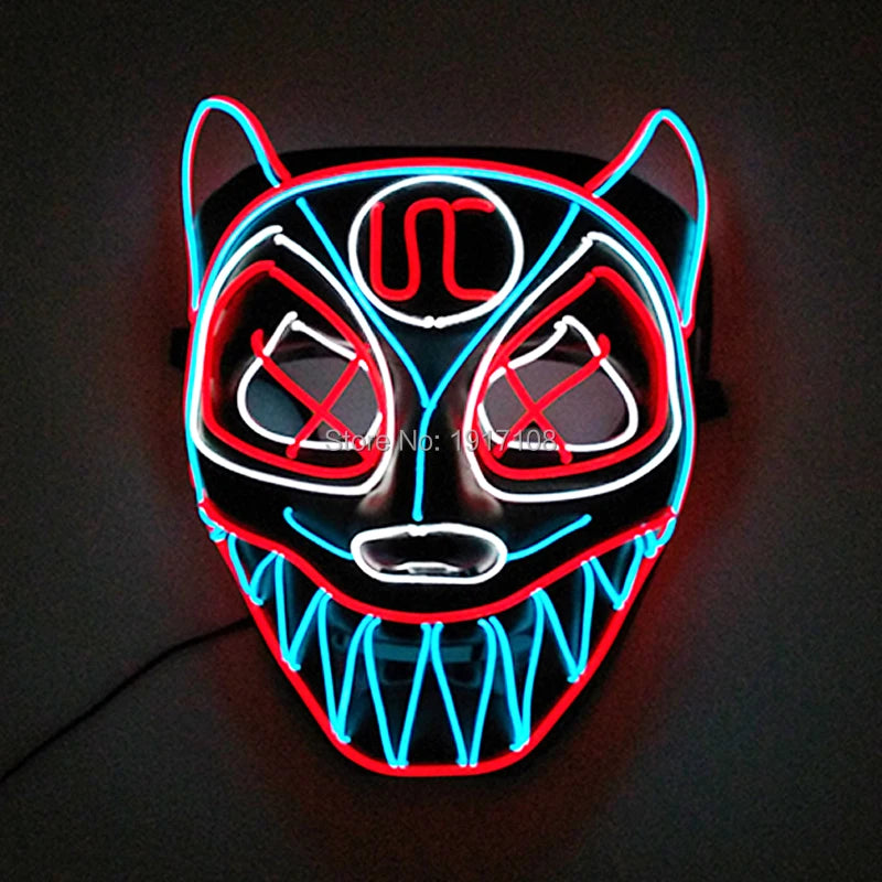 A neon mask featuring a cat-like face with blue and red outlines, crossed eyes, and sharp teeth, glowing against a dark background.