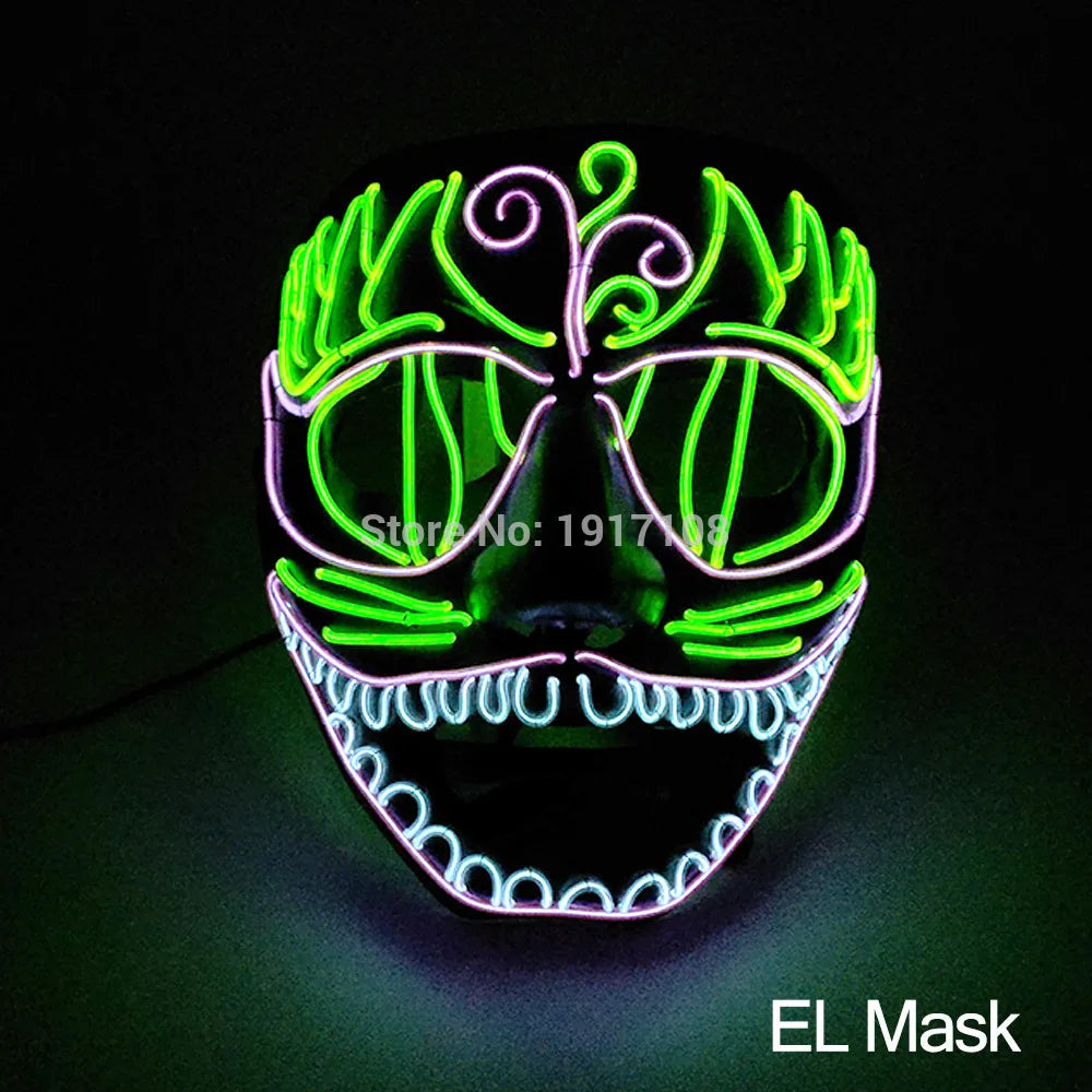 Glowing mask with neon green leaves, vibrant pink outlines, and a large jagged white mouth, set against a dark background.