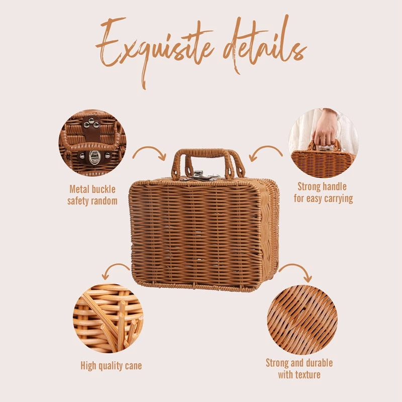 Wicker basket with metal buckle and strong handle. Features include high-quality cane and durable texture, highlighting exquisite craftsmanship in a compact rectangular design.