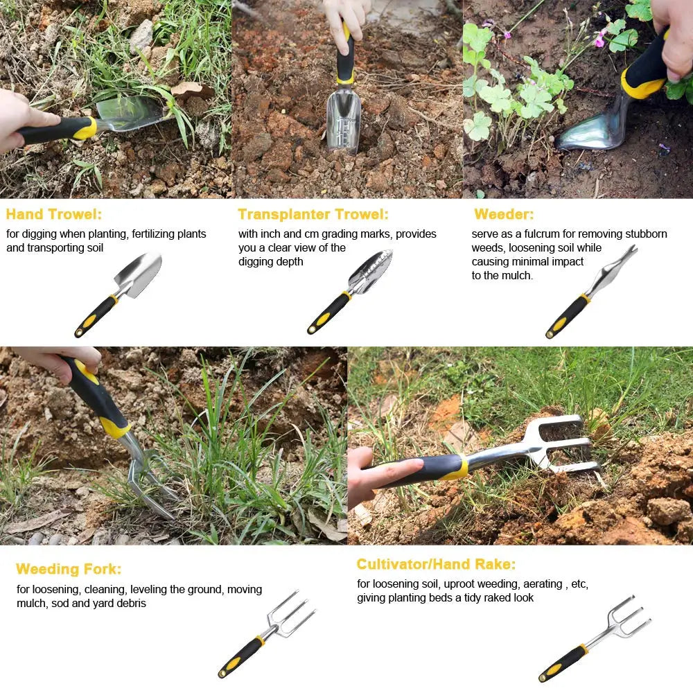 A gardening tool set with images and descriptions for a hand trowel, transplanter trowel, weeder, weeding fork, and cultivator/hand rake, each used for specific garden tasks.