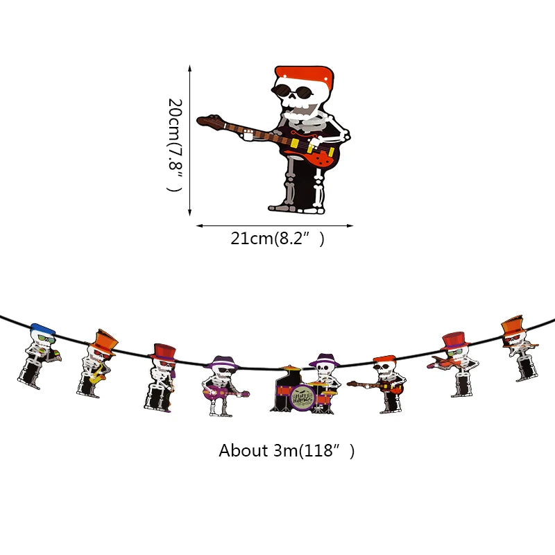 A garland featuring cartoon skeletons in colorful top hats, each holding musical instruments like guitars and drums. The single skeleton measures 20 cm in height and 21 cm in width. The entire garland spans approximately 3 meters. The scene suggests a playful, musical theme.