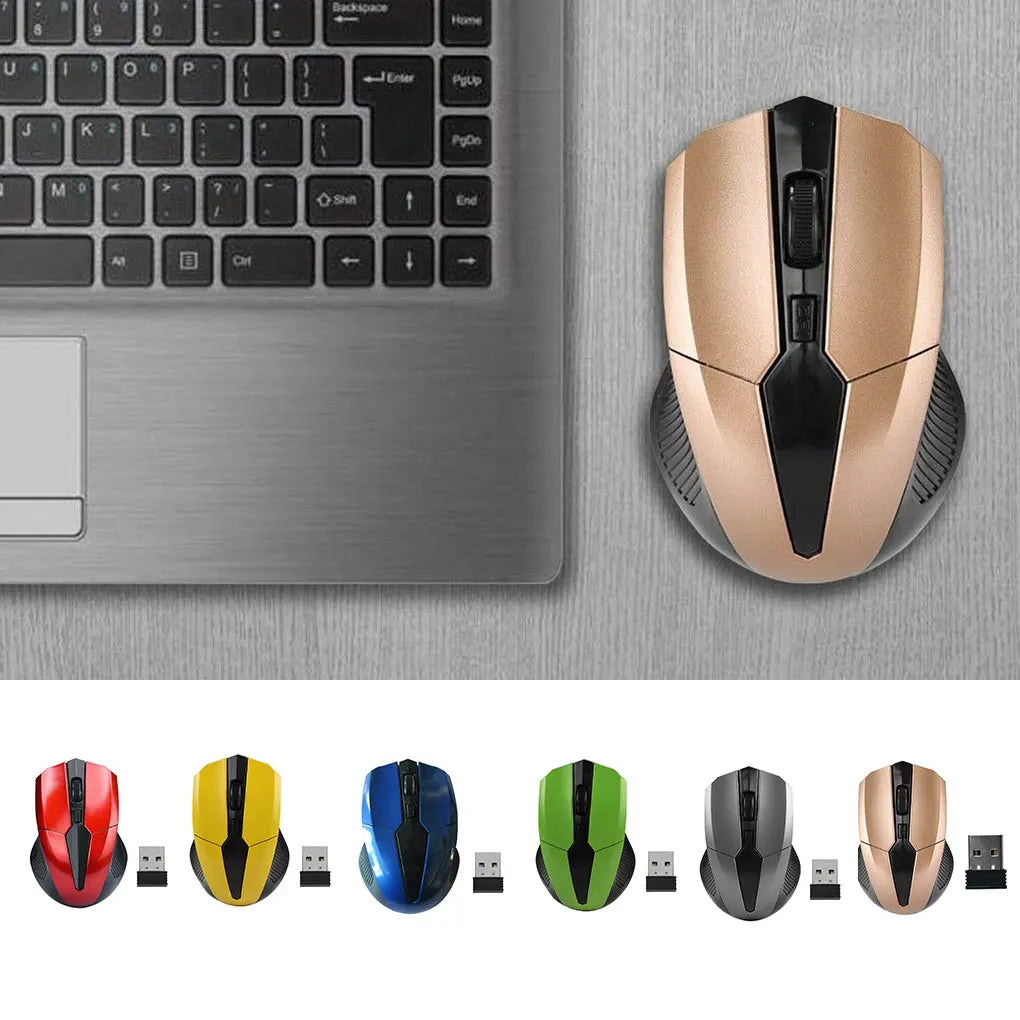 Laptop with wireless gold mouse on a wooden desk. Below, additional mice in red, yellow, blue, green, silver, and gold are shown with USB receivers.