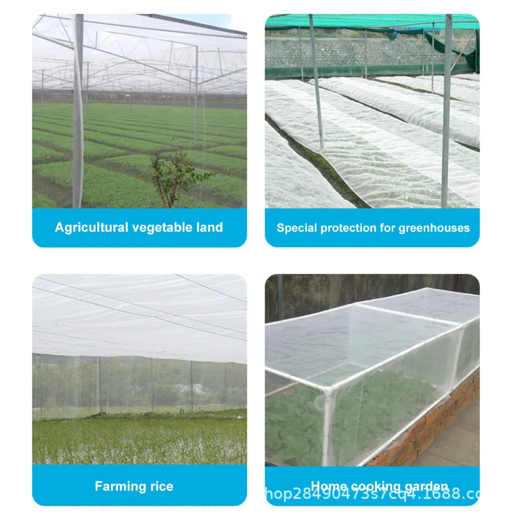 Collage of four images showing protective netting over agricultural areas: vegetable land, greenhouse, rice field, and home cooking garden, with blue labels beneath each.