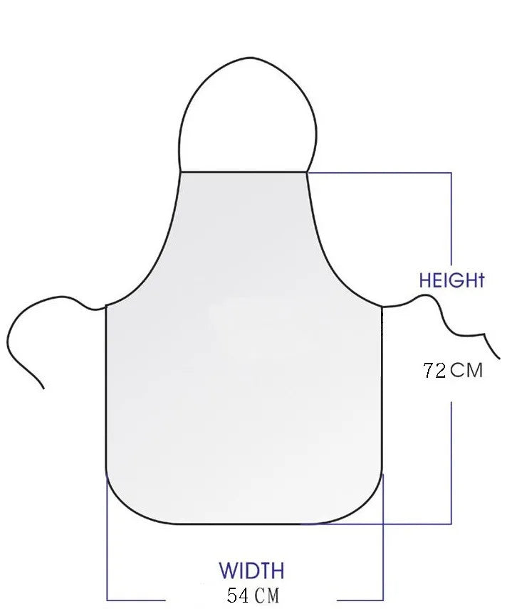 Diagram of an apron measures 72 cm in height and 54 cm in width, showing ties extending from the sides.