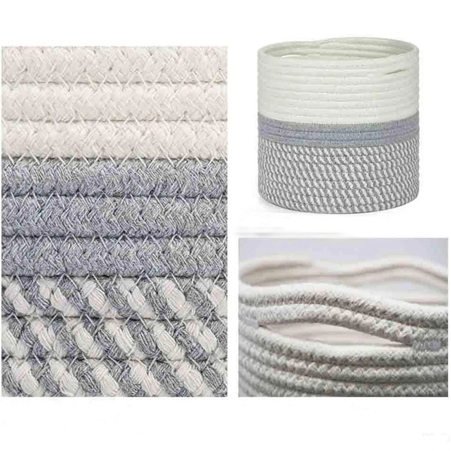 The Faron Large Capacity Hand-woven Cotton Rope Plant Basket features white and gray bands, shown from multiple angles to highlight its braided texture, quality cotton rope material, and stylish design for home decor.