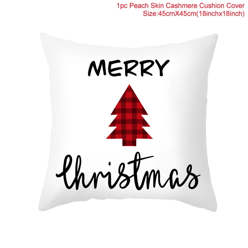 White cushion cover with a red and black plaid Christmas tree, and the words "Merry Christmas" in bold black letters. Size details above in red text.