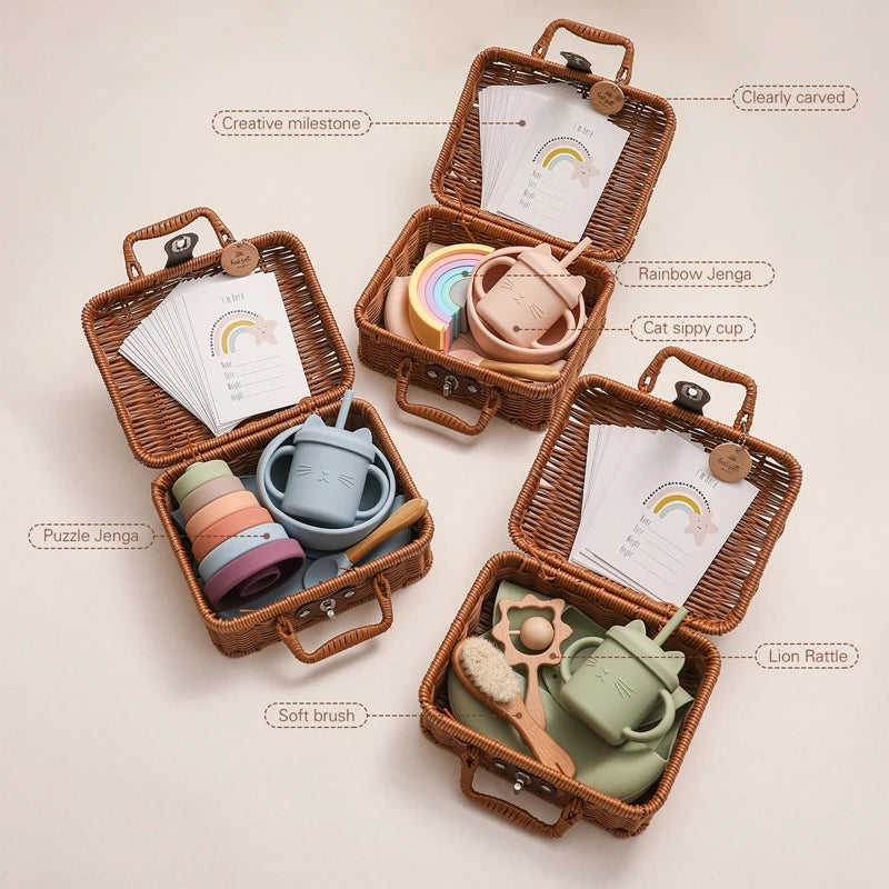 Three wicker baskets contain baby items: creative milestone cards, a rainbow stacker, cat sippy cups, a puzzle stack, a lion rattle, and a soft brush, laid out neatly.