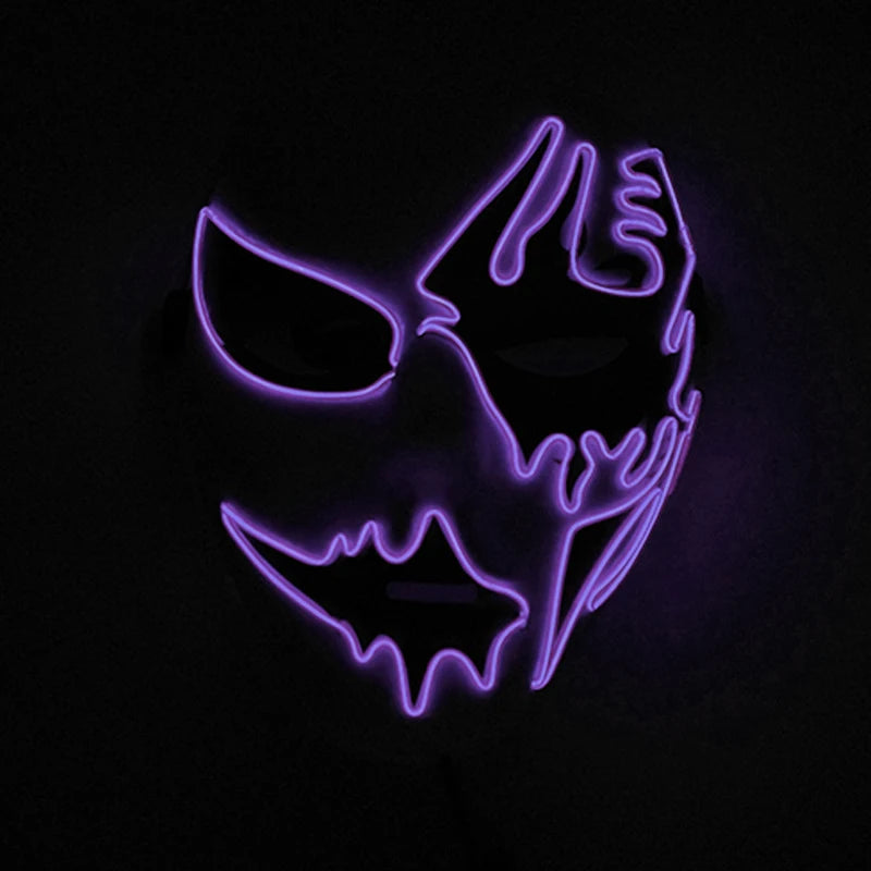 A glowing purple mask with jagged, abstract patterns against a dark background, featuring hollow eyes and a sharp, dripping design reminiscent of a sinister face.