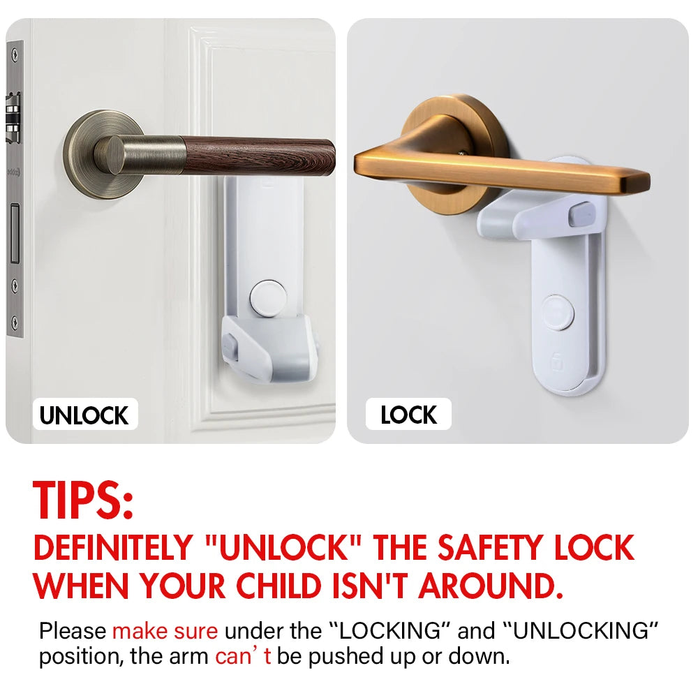 Child safety door locks in unlock and lock positions on lever handles. Text advises to unlock when children are not around and ensure the arm is secure in both positions.