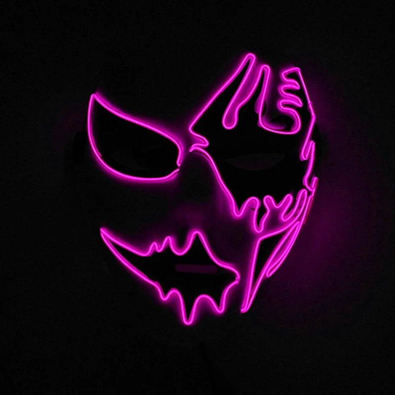 A dark purple neon mask with drips and jagged edges, resembling a face in a dark setting. The design includes prominent eye cutouts and a stylized, eerie expression.
