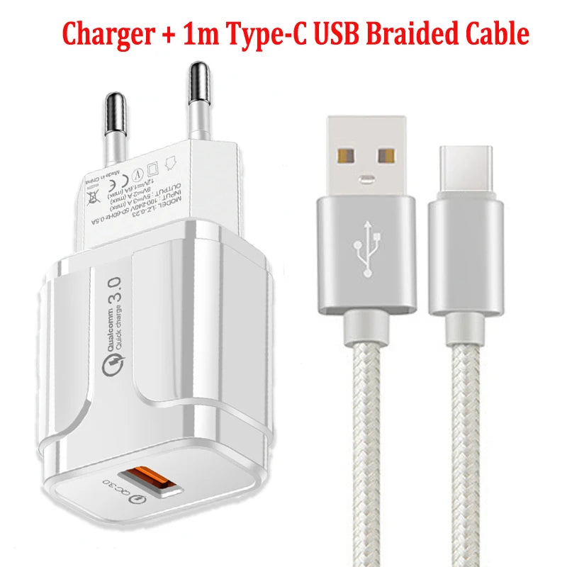 White wall charger with two prongs and "Qualcomm 3.0" label beside a 1m braided USB-C cable, featuring a USB-A and USB-C connectors.