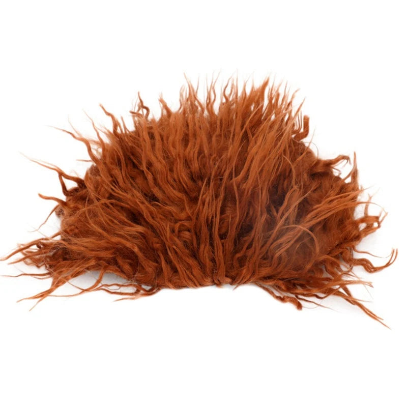 Brown, shaggy faux fur fabric with long, tousled fibers resembling messy hair. Laid flat on a white background, the texture is dense and wavy, creating a wild appearance.