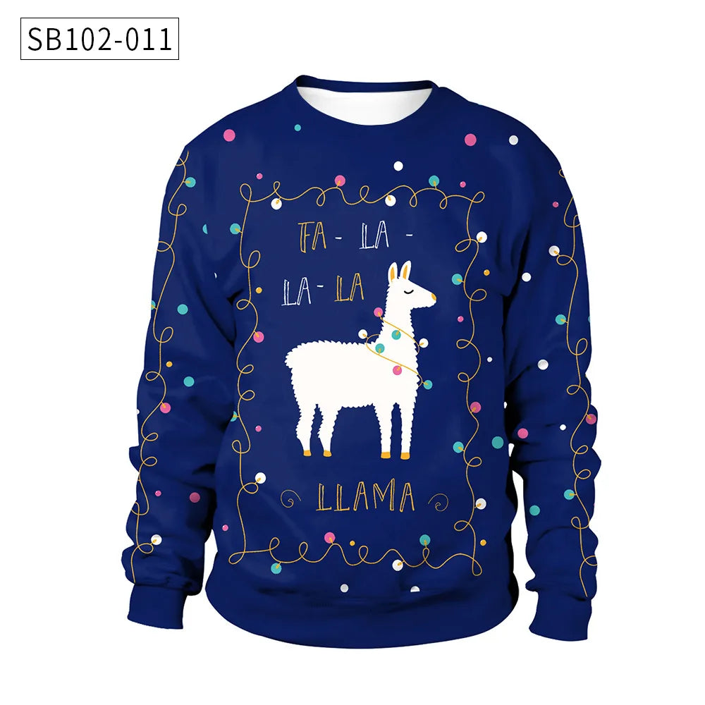 Blue sweater with a festive llama design wrapped in colorful lights. Text reads "Fa-la-la-la llama," surrounded by dots and swirls. Item code: SB102-011.