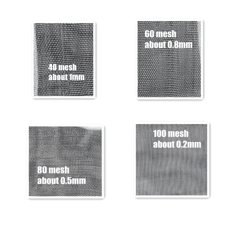 Four metal mesh samples labeled: "40 mesh about 1mm," "60 mesh about 0.8mm," "80 mesh about 0.5mm," and "100 mesh about 0.2mm," show different weave densities.