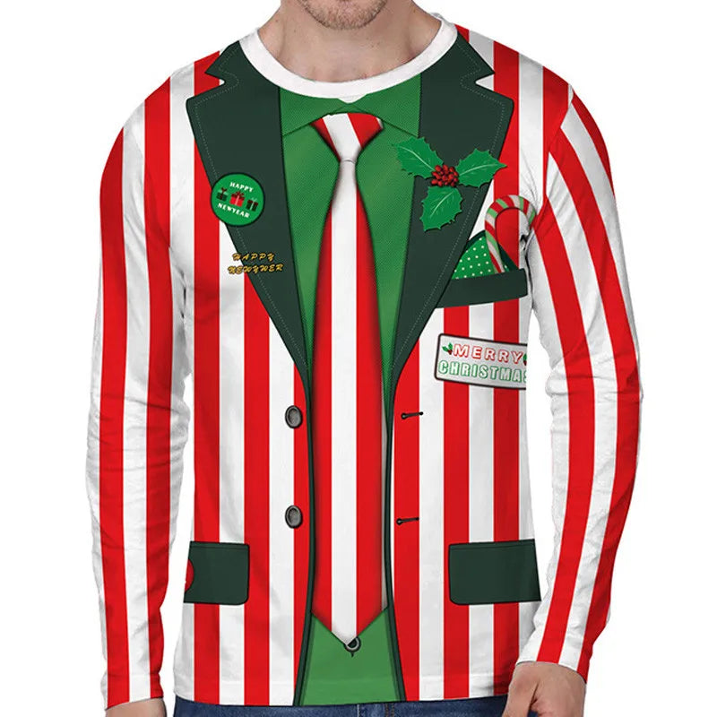 Person wearing a festive sweater resembling a Christmas suit with red and white stripes, green lapels, and holiday accents like holly, a candy cane, and buttons.