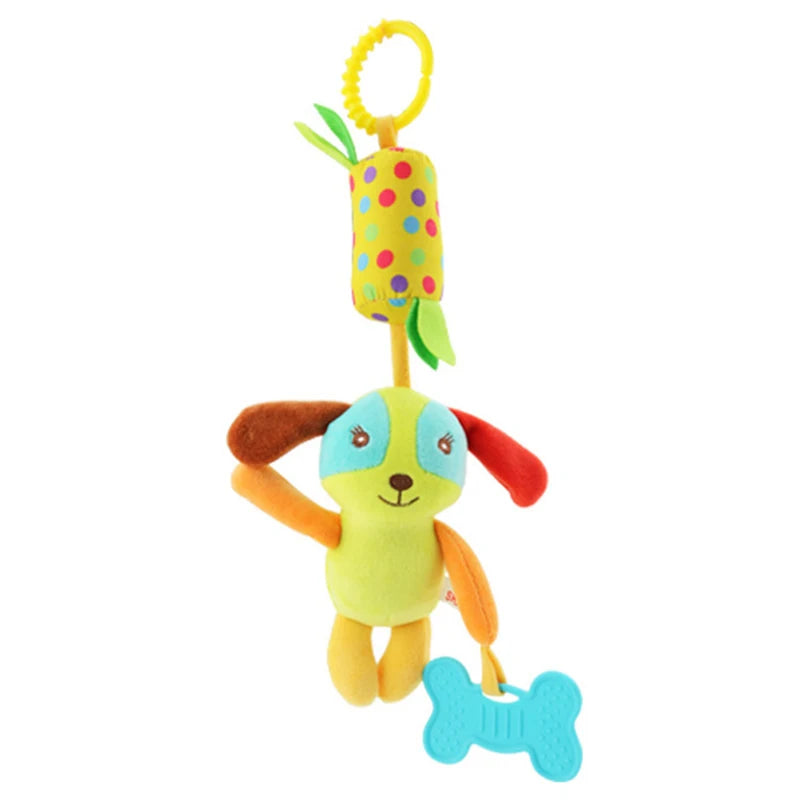 Colorful plush dog toy with a polka dot handle, floppy ears, and a blue bone-shaped teether. It has a yellow clip for hanging, ideal for babies.
