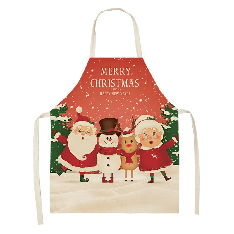Festive apron with Santa, a snowman, a reindeer, and Mrs. Claus in a snowy scene. Text reads "Merry Christmas and Happy New Year" on a red background with snowflakes.