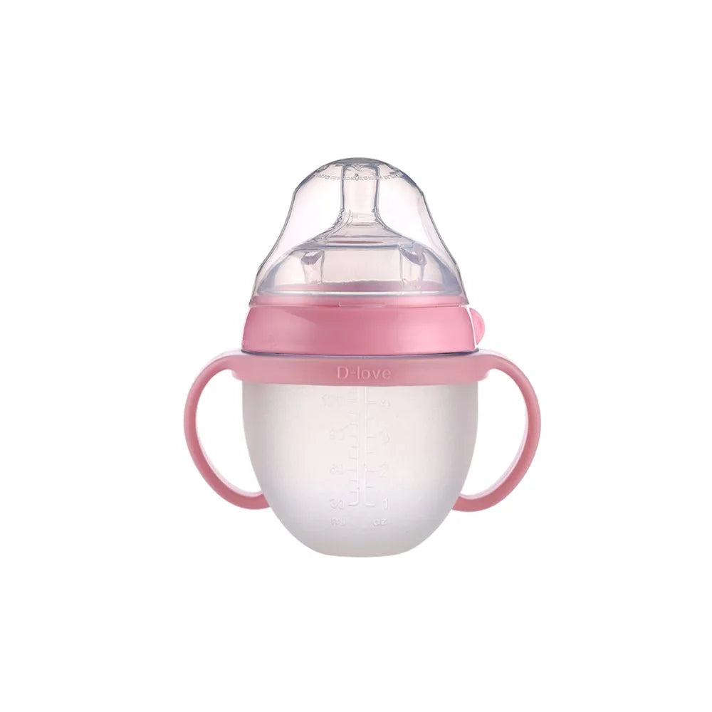 Pink baby sippy cup with dual handles and a translucent silicone lid. The main body is frosted with measurement markings. The brand name "D-love" is embossed on the pink ring.