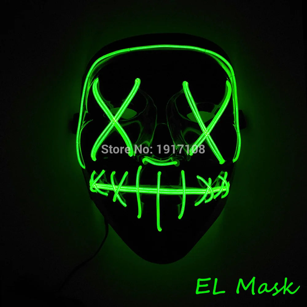 A black mask with neon green glowing lines forming Xs over the eyes and a stitched mouth pattern. The mask has a wire attached and is labeled "EL Mask" in green text.
