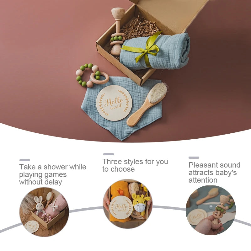 A baby gift set includes a wooden rattle, brush, "Hello world" sign, teether, and blue cloth, displayed in a box with straw. Captions highlight versatility and sensory appeal.