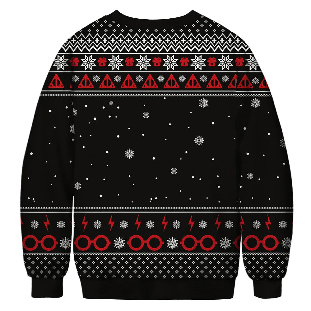 Black sweater with white snowflakes and red symbols depicting glasses, lightning bolts, and triangles, arranged in decorative patterns. The background features scattered white dots.