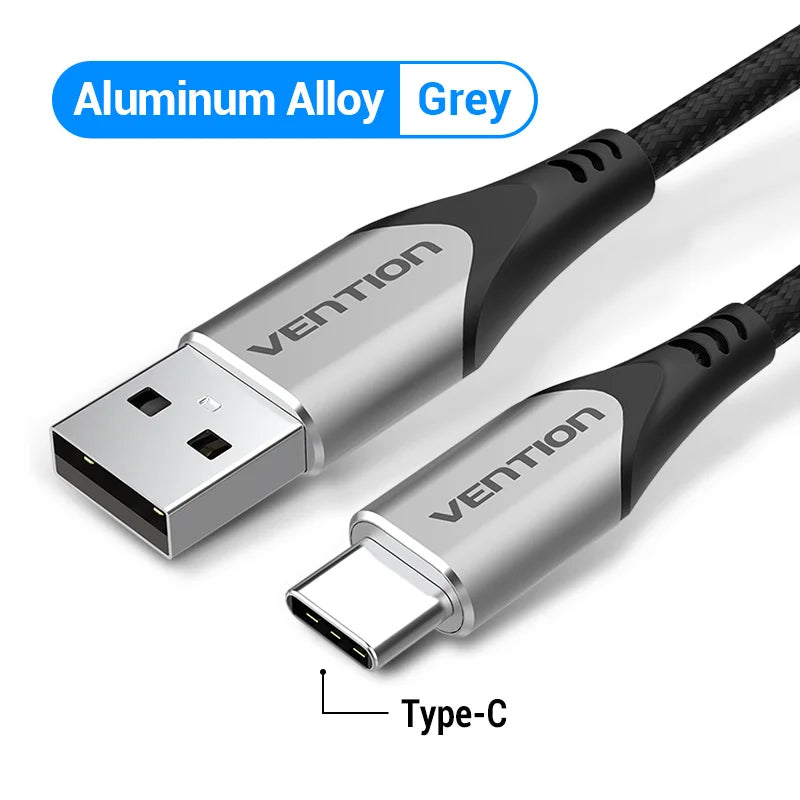 Close-up of a grey aluminum alloy USB to Type-C cable with "vention" written on the connectors, displayed against a white background.
