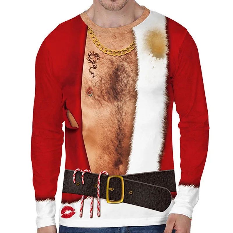 Novelty Christmas sweater with a print of Santa's open jacket revealing a hairy chest, gold necklace, tattoos, and a black belt with candy canes and lip print near the waist.