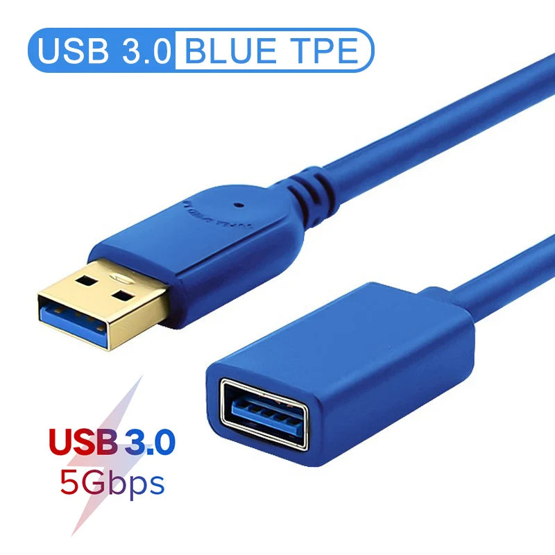 Blue USB 3.0 extension cable with male and female connectors, labeled for fast data transfer at 5Gbps. Made from blue TPE material.