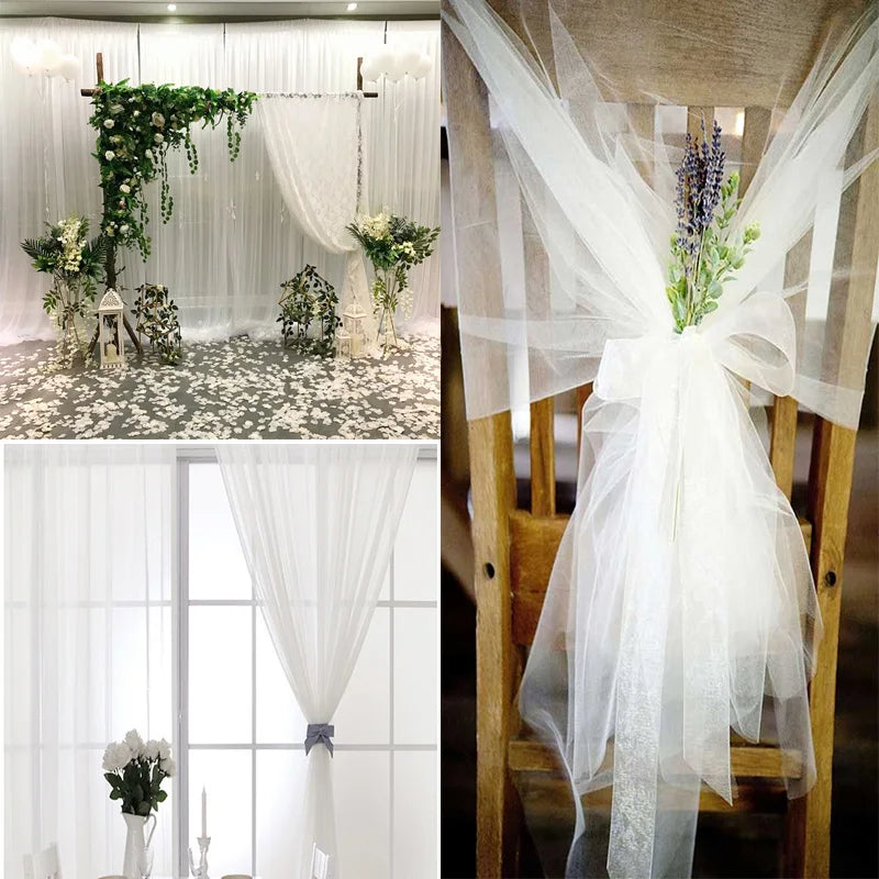Wedding decor collage: A floral arch with sheer curtains, chairs adorned with white fabric and lavender, and a bright room with sheer drapes tied back by a window.
