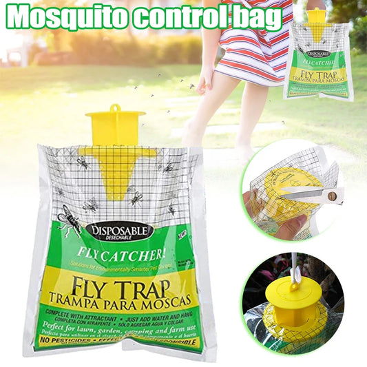 Disposable fly trap bag labeled "Fly Catcher" with two inset images showing how to open and hang. Background has a person outdoors. Text reads "Mosquito control bag."