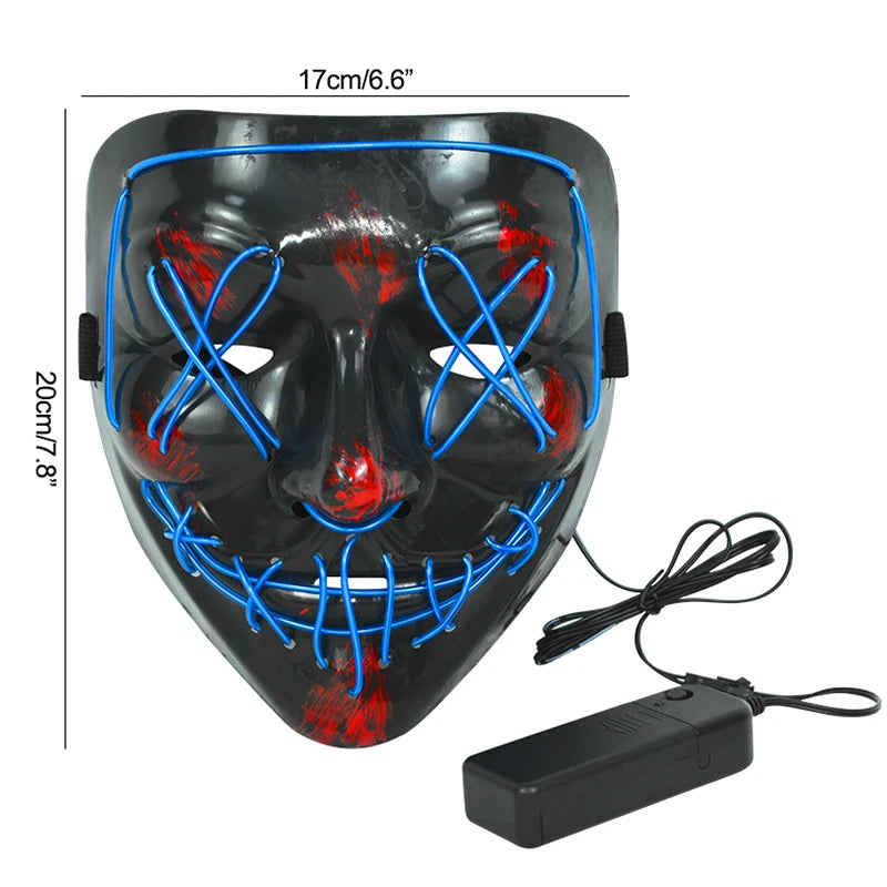 Black mask with blue LED wires forming an "X" over the eyes and a stitched smile. Red marks add detail. Dimensions: 17cm x 20cm. Attached black battery pack with cable.