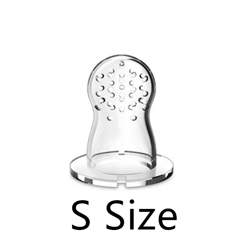 Clear silicone nursing teether with a circular base and multiple small holes on the top part. Labeled "S Size."