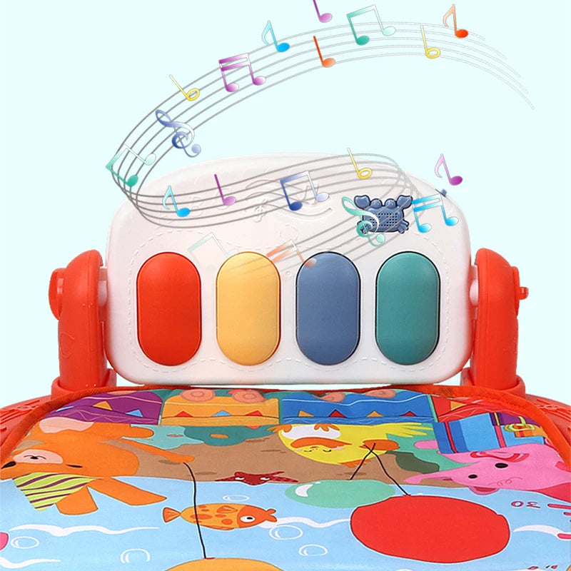 Colorful toy piano with four keys on a vibrant play mat. Musical notes float above, creating a playful and cheerful atmosphere.