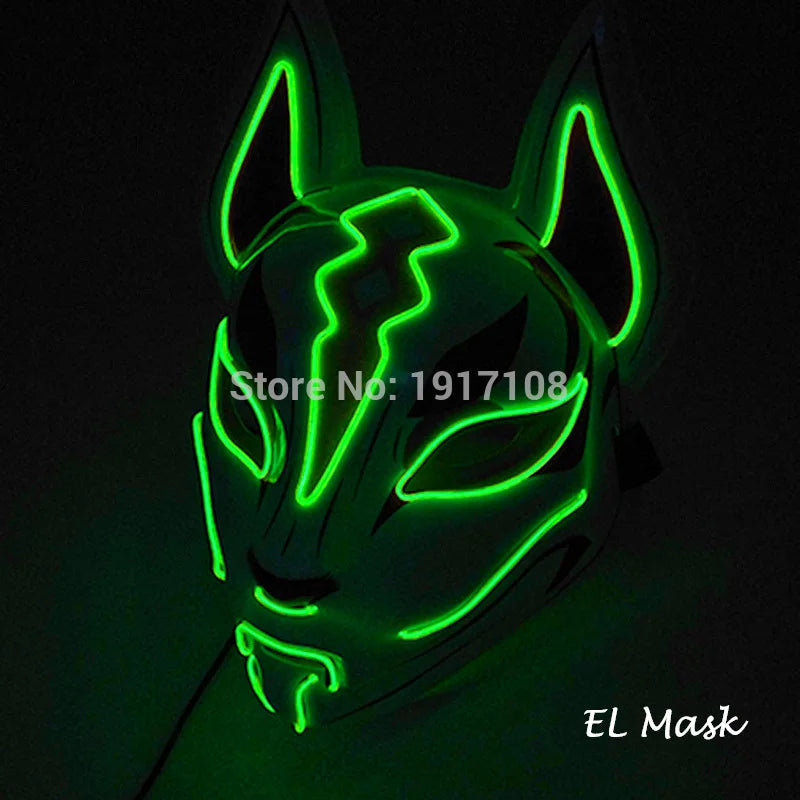 A glowing green fox-shaped mask with neon lines highlighting its features, including pointed ears and dramatic eye shapes, set against a dark background.
