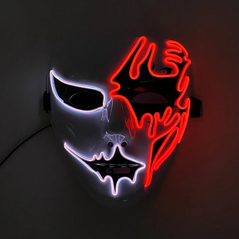 A half-mask with glowing neon accents: white lines on the left forming a dramatic eye and mouth, and red lines on the right creating a fiery pattern.