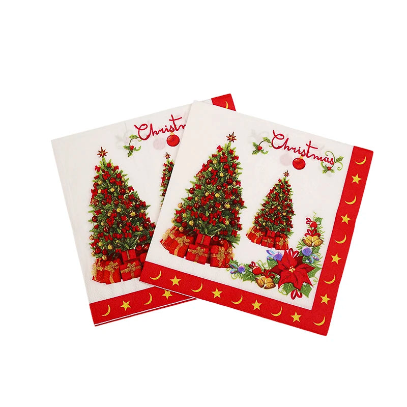 Festive napkins with Christmas tree design, decorated with red and gold ornaments, surrounded by gifts. Red border features stars and crescent moons.
