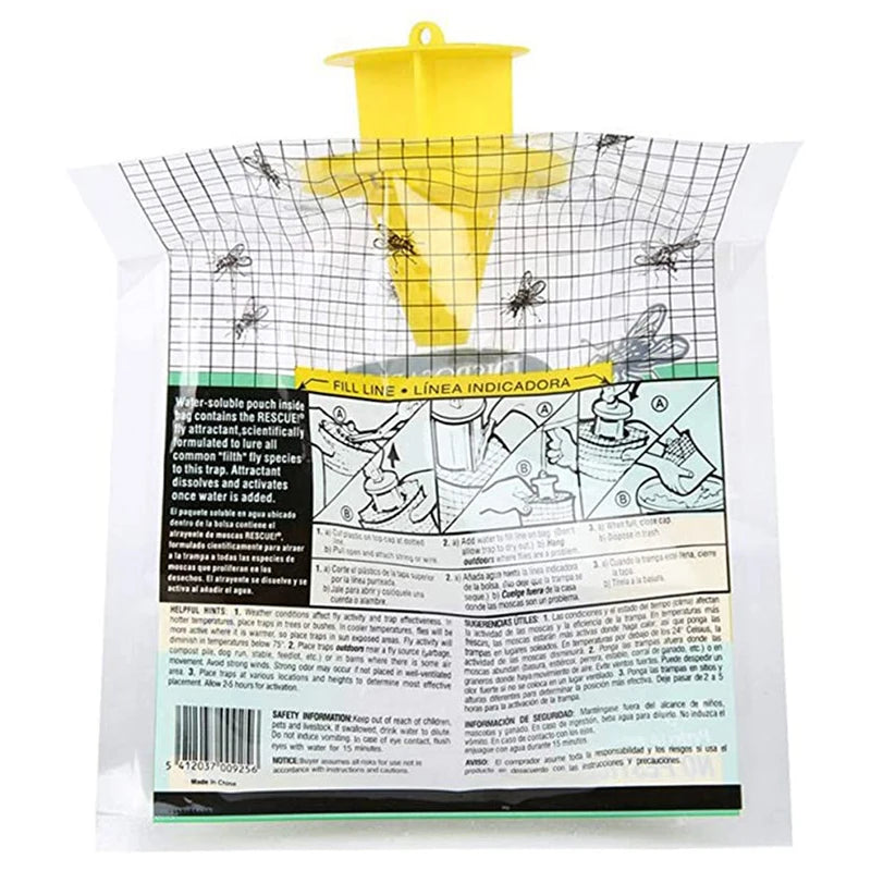 A yellow insect trap with a plastic grid design and black printed instructions. The package shows flies inside and includes detailed usage and safety information in multiple languages.