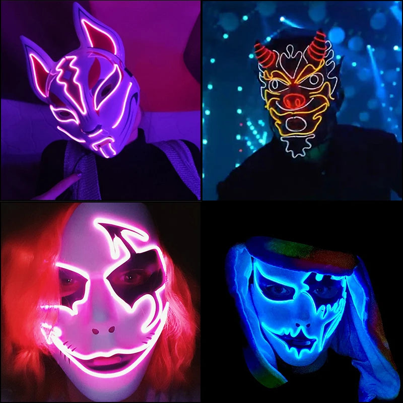 Four people wearing vibrant LED masks: a fox design, a horned devil, a smiling face with heavy eyes, and a blue mask with a dripping effect, all in a dimly lit setting.