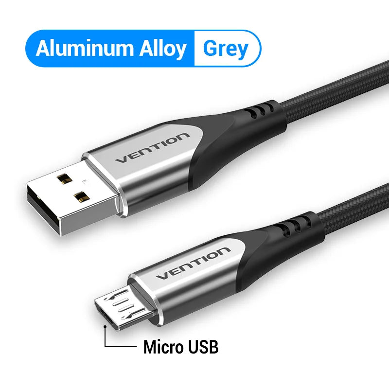 Grey aluminum alloy micro USB cable with "Vention" branding. Features a USB and micro USB connector. Described as durable and efficient for data transfer and charging.