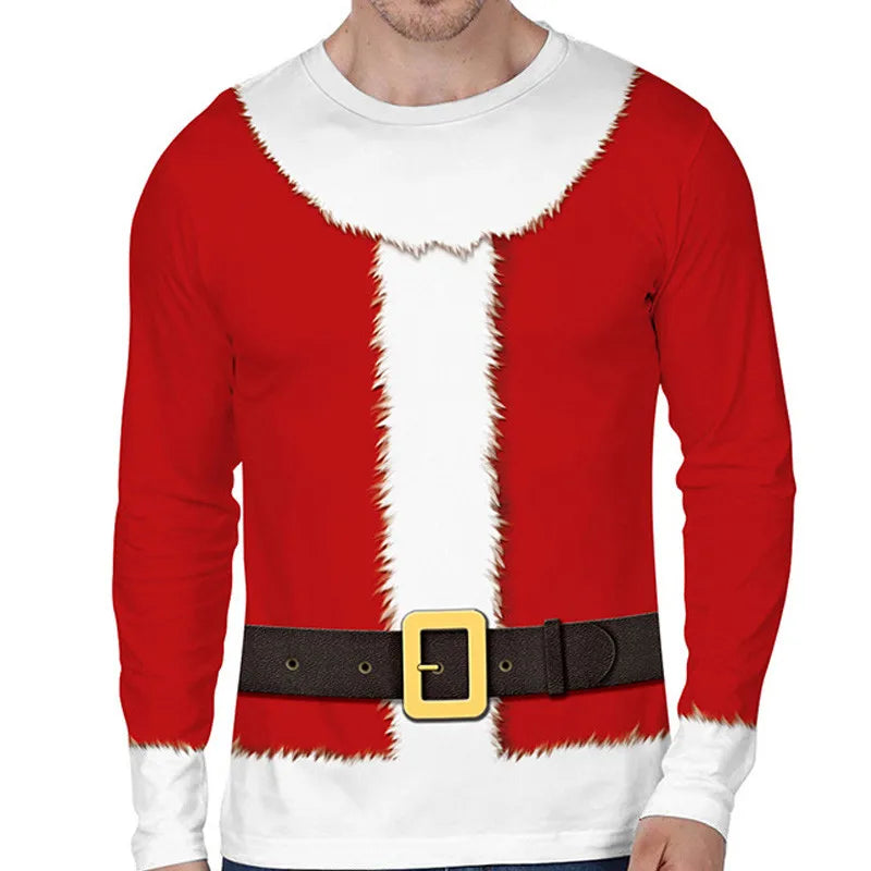 A person wearing a festive red sweater designed to resemble a Santa suit, complete with a black belt and yellow buckle, white trim down the front, and white cuffs.