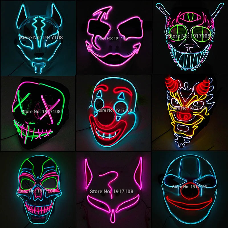 Nine colorful neon masks featuring various designs, including animal faces, clowns, and abstract patterns, illuminated with vibrant pink, blue, green, and yellow lights.
